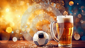 Glass of beer with soccer ball on bokeh background. Copy space