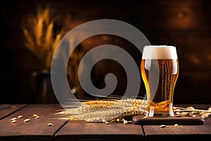 A glass of beer and spikelets of barley on a wooden table. Blurred background