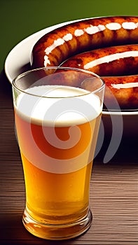 a glass of beer on the table foam sausages