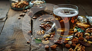 Glass of beer is on table with nuts and crackers