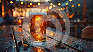Glass of beer on a table at a pub