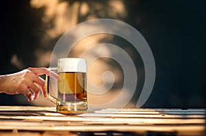 A Glass of Beer on Table in Summer Sunny Day. People Drinking Brew