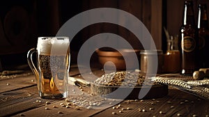 Glass of beer and wheat ears on a wooden table. Dark background.