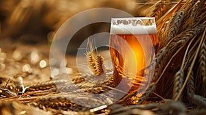 Glass of Beer on Wheat Field, Iconic Refreshment Symbolized by the Harmony of Nature photo