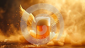 A glass of beer with wings and a splashy background, AI
