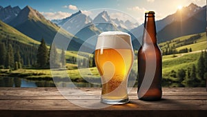 Glass of beer on a wooden table in front of mountain landscape