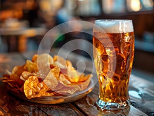 A glass of beer is on a wooden table next to a plate of chips