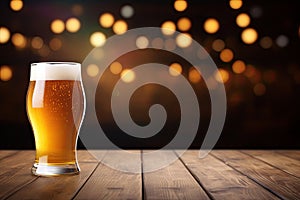 Glass of beer on wooden table over bokeh lights background. A glass of beer on a wooden board and blurred bar background.Free