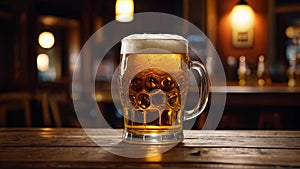 Glass of beer on a wooden table in a pub