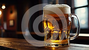 Glass of beer on a wooden table in a pub