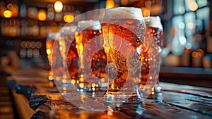 Glass of beer on a wooden table in a pub