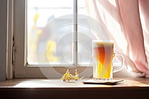 glass of beet kvass with a foamy head, displayed on a sunlit window sill