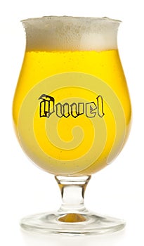 Glass of Belgian Duvel 666 Blonde beer isolated on white