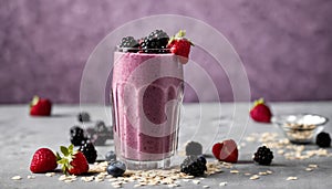 A glass of berry smoothie with berries on the table