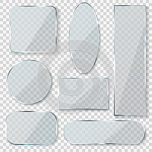 Glass blank banners. Rectangle circle glass texture window plastic clear labels with reflection acrylic shiny panels