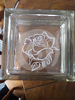 Glass block engraved by hand rose pattern