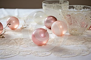 glass-blown ornaments on a delicate lace tablecloth