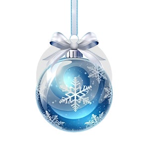 glass blue Christmas ball with bow on white background. Generative AI