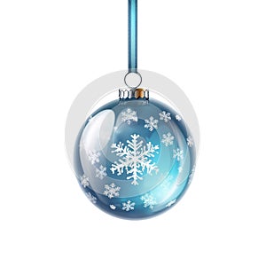 glass blue Christmas ball with bow on white background. Generative AI