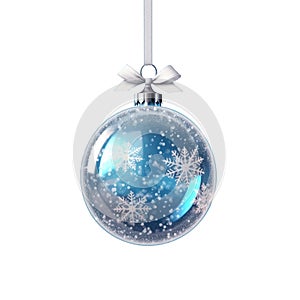 glass blue Christmas ball with bow on white background. Generative AI