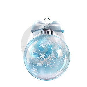 glass blue Christmas ball with bow on white background. Generative AI