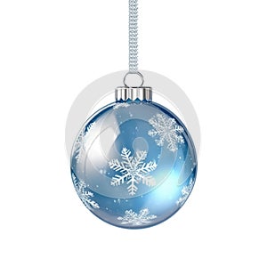 glass blue Christmas ball with bow on white background. Generative AI