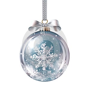 glass blue Christmas ball with bow on white background. Generative AI