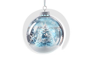 glass blue Christmas ball with bow on white background. Generative AI