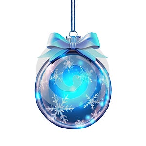 glass blue Christmas ball with bow on white background. Generative AI