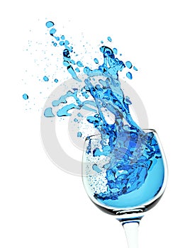 Glass with blue liquid splash, 3d illustration