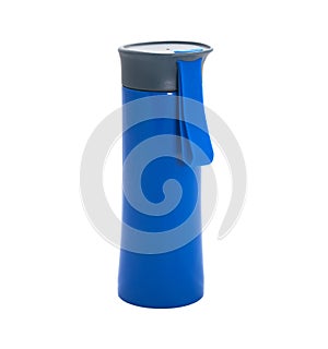 Glass blue thermos on a white background