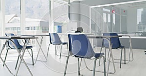 Glass board, classroom or table with chair for education, learning building or empty room for lecture. Modern, desks or