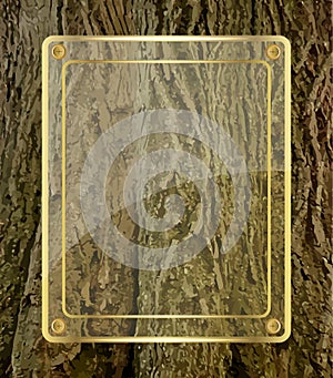 Glass board on tree bark background