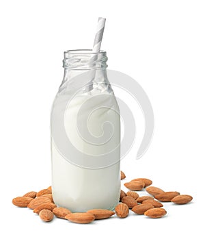Glass bottle of almond milk