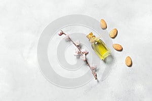 Glass bottle of Almond oil and almond nuts , almonds with almond tree flowers on table