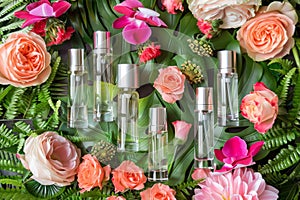 Glass bottle of amber scent dried among leaves  arrangement of patchouli enhances visual perfume experience