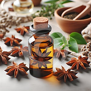 glass bottle of anise essential oil on white background