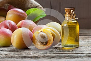 Glass bottle of Apricot seed kernel oil  prunus armeniaca oleum  with fresh ripe apricot fruits