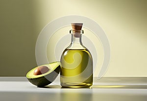 Glass bottle of avocado essential oil with fresh avocado fruit render