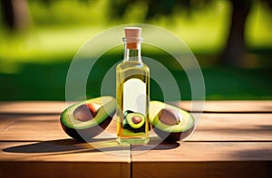 glass bottle of avocado essential oil on a wooden table, ripe avocado, eco-friendly medicinal solution, natural