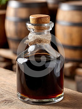 Glass bottle of balsamic vinegar with cork, in rustic setting.