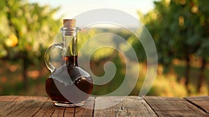 A glass bottle of balsamic vinegar on the wooden table in focus