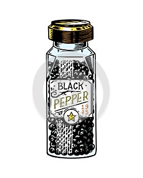 Glass bottle of Black pepper in Vintage style. Dried seeds, a bunch of spices. Allspice or peppercorn. Herbal seasoning