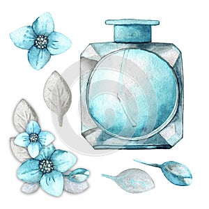 Glass bottle with blue cologne, eau de toilette and a bouquet of flowers. Hand drawn watercolor illustration, set for the design