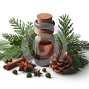 glass bottle of cedar essential oil on white background