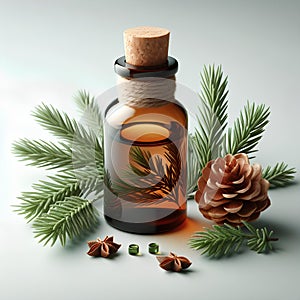 glass bottle of cedar essential oil on white background