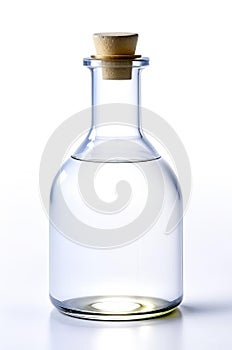 Glass bottle with clear alcoholic, non-alcoholic liquid, water, alcohol with cork stopper on light background