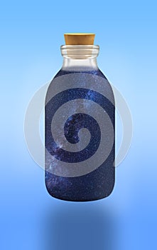 Glass bottle containing the Milky Way full of stars, nebulae and star clusters.