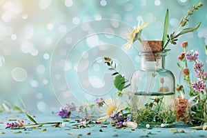 Glass bottle with cork stopper, clear liquid, chamomile, leaves on blue wooden background