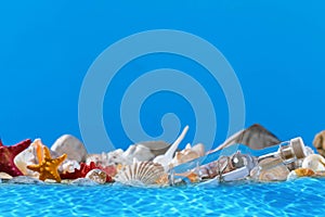 A glass bottle with a letter washed up on the beach shore. Sea beach full of shells and sand. Blue sky. Clean water